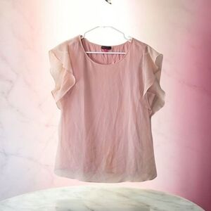 Vince Camuto Silvery Gold Thread Pink Ruffle Sleeve Blouse Size Medium